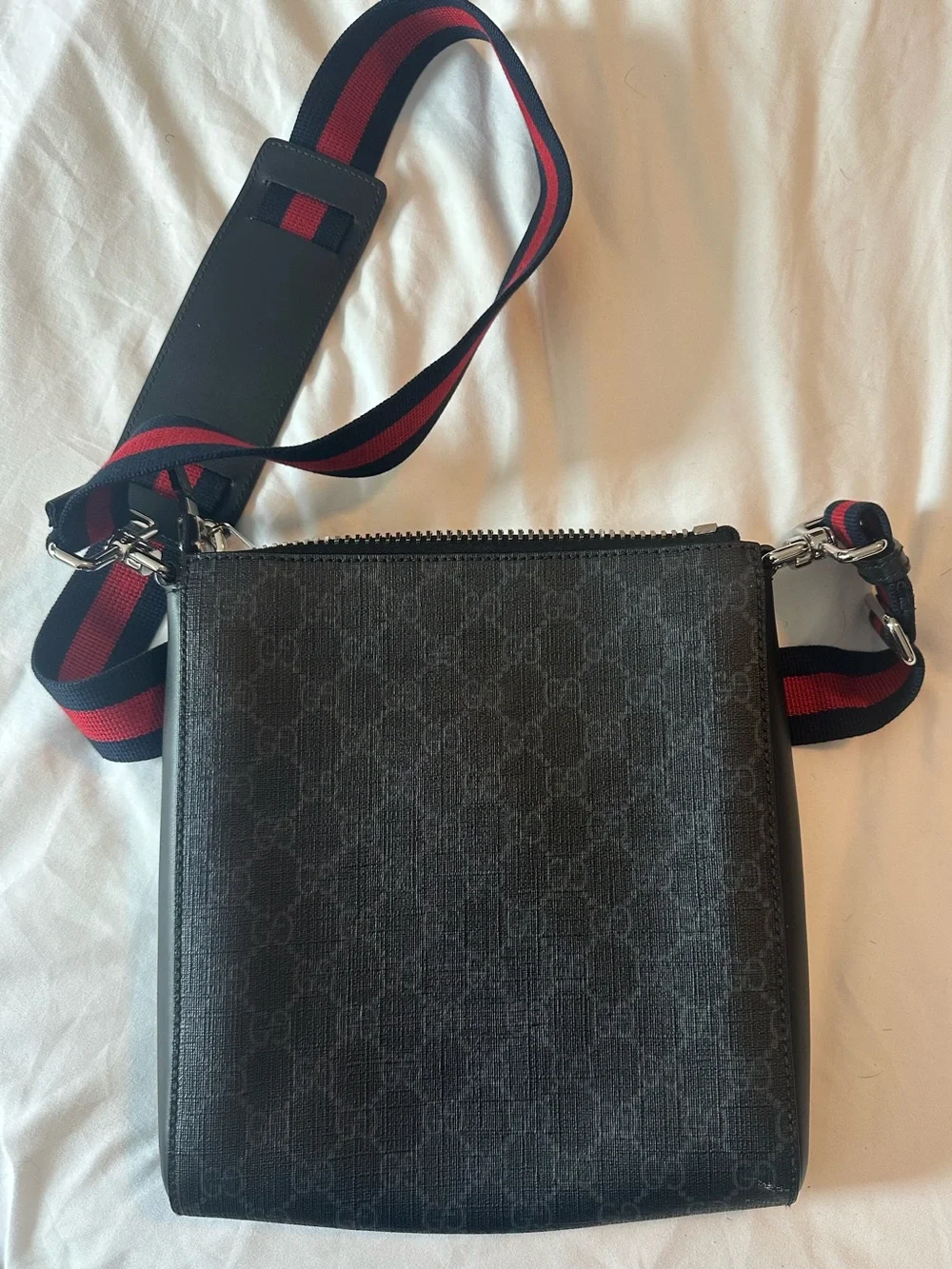 Gucci Black Monogram Messenger with Red-Trim Web Strap